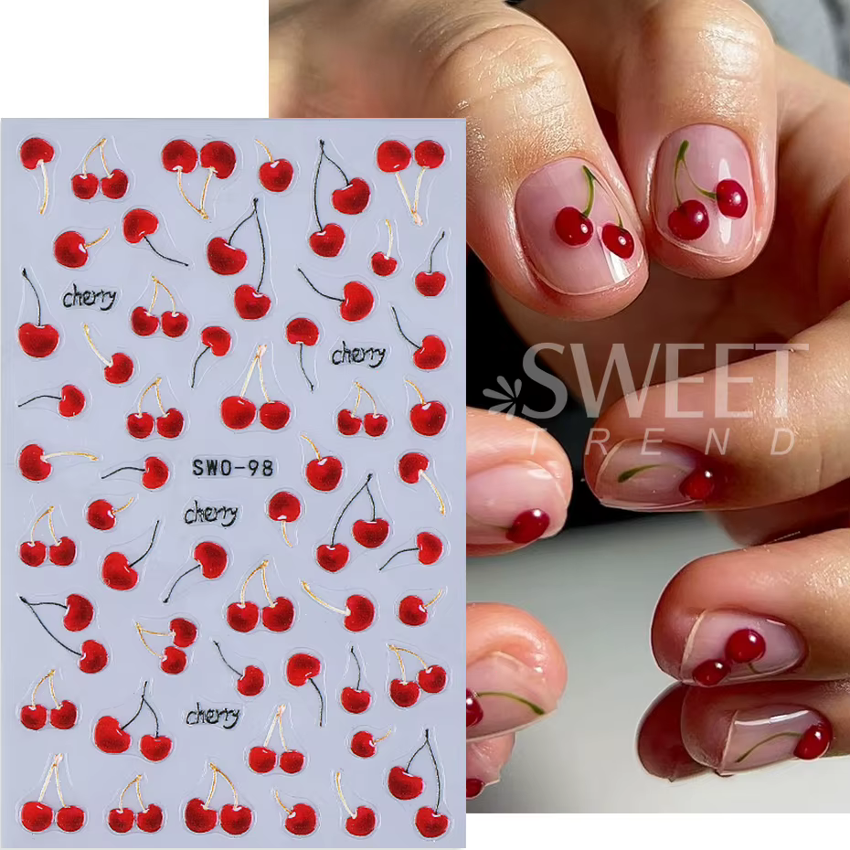 Autocollants pour ongles cerise rouge, 2 pièces, dessin animé fruits cerises tropicaux, Design d'été