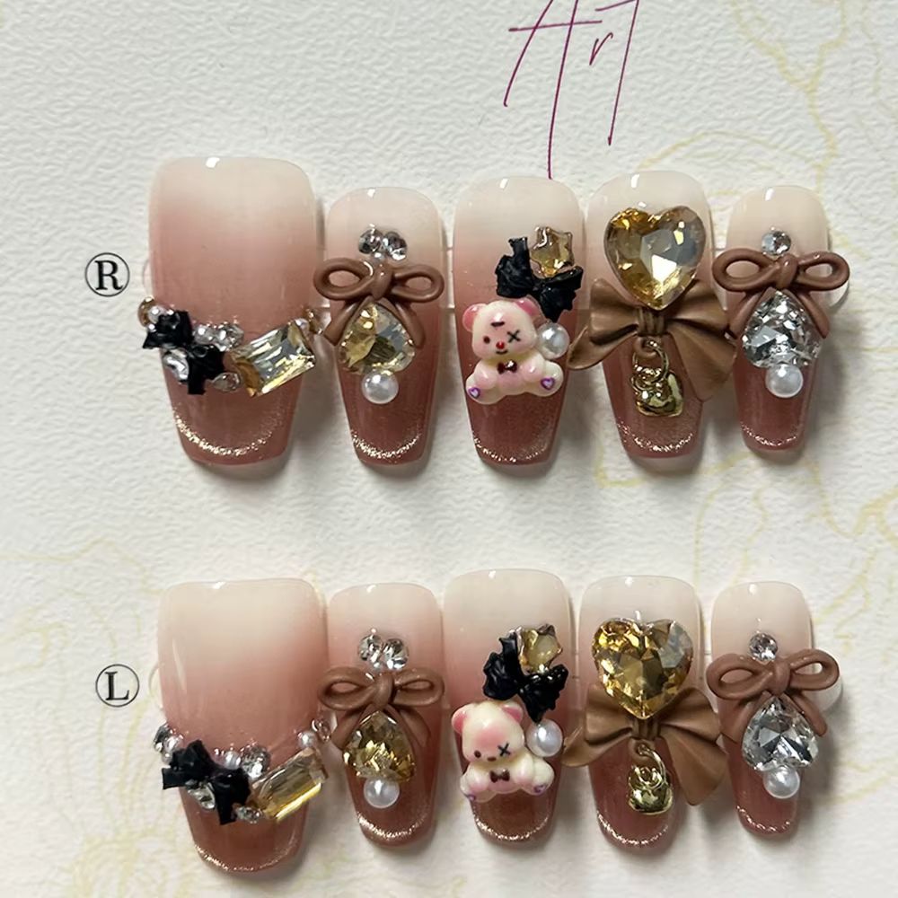 Ongles Press-On Faits Main Effet Œil de Chat Ours Rose Marron Mignon, Diamant 3D, Nœud Perlé, Paille