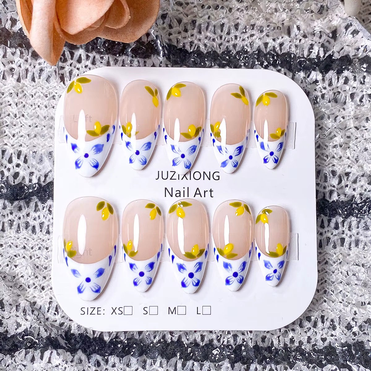 Ongles à pression floraux faits à la main, 10 pièces, Design de fleurs bleues et jaunes, fournitures
