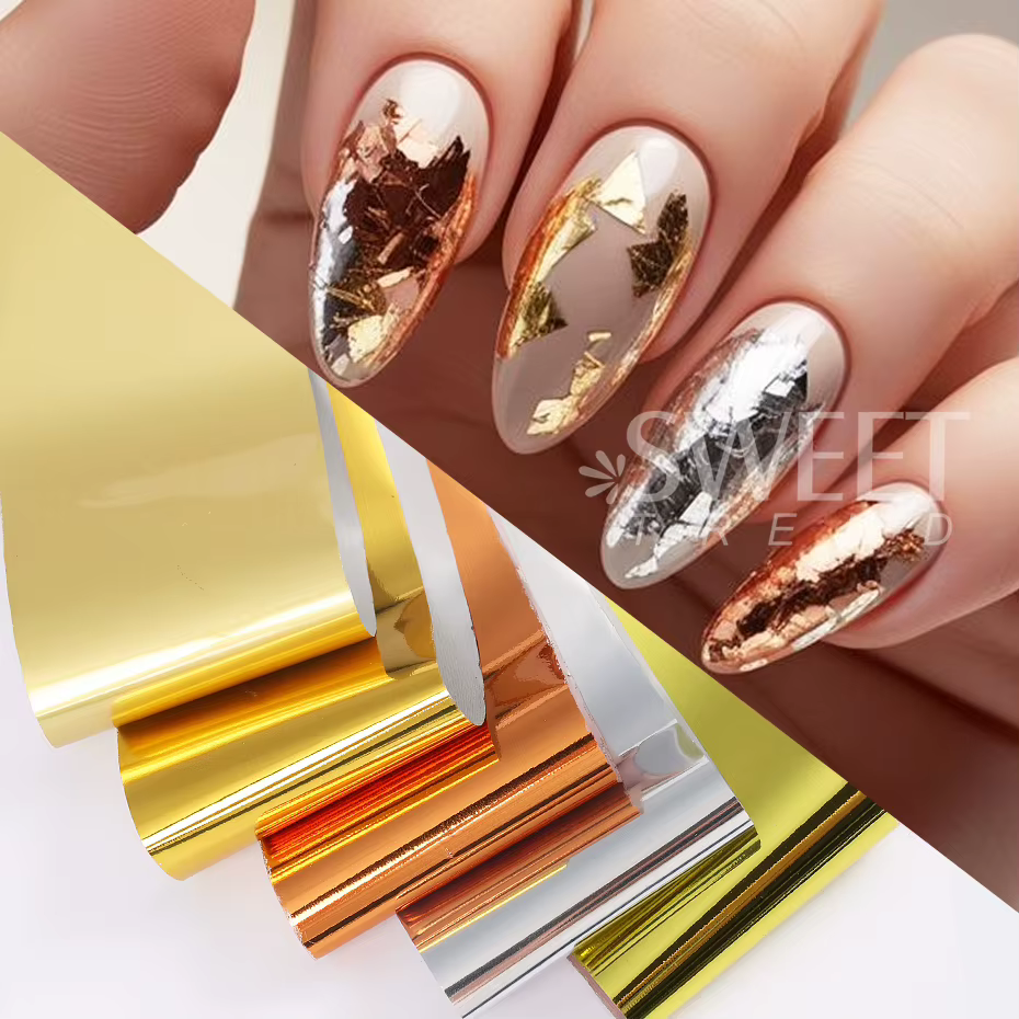 Feuilles de transfert d'ongles métalliques, 10 pièces, miroir or argent violet étoilé papier Gel ver