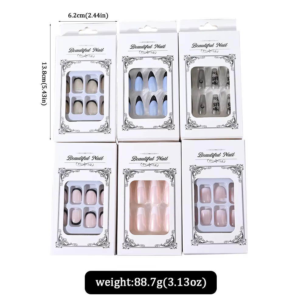 6 boîtes/144 pièces mélange aléatoire Style court rond presse sur ongles doux couverture complète dé