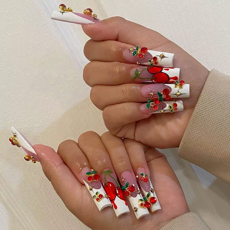 Breloques pour ongles cerise 3D, 20 pièces/sac, rouge et rose, strass, gemmes pour ongles, paillette