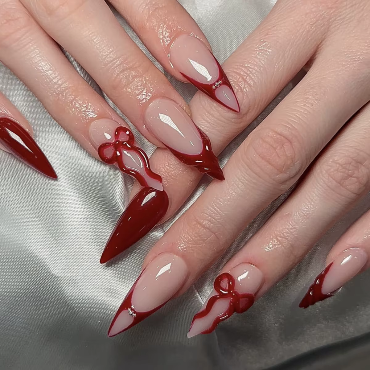 Faux ongles longs en forme de goutte d'eau 3D pour femmes et filles, nœud en relief dégradé bleu jau