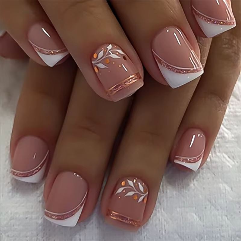 24 pièces tête carrée courte presse sur faux ongles français Simple faux ongles Art avec feuilles bl