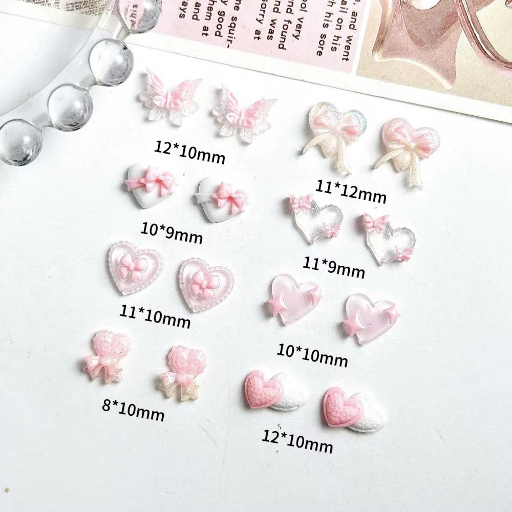 Breloques pour ongles en résine, nouvelle série rose, nœud en forme de cœur, 3D, lumineux, Double pa