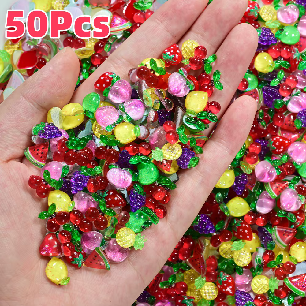 Breloques pour ongles Fruits d'été 3D, 50 pièces, Mini résine pastèque/cerise/fraise/citron/pomme, d