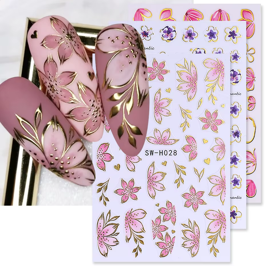 Autocollants pour ongles fleur d'hibiscus rose doré, 2/3 pièces, pétales de bordure bronzants 3D, cu