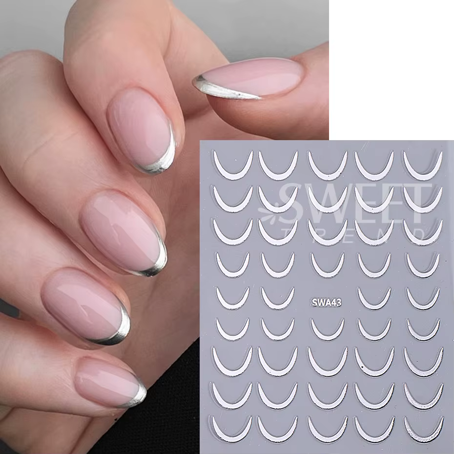 Autocollants pour ongles croissant de lune, auto-adhésifs, sourire français, ligne rayée, Design, dé