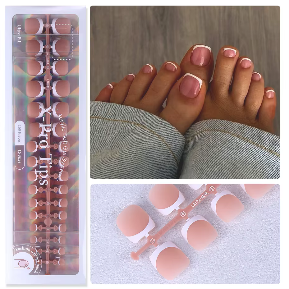 160 pièces faux ongles des orteils rose français court carré couverture complète naturel artificiel
