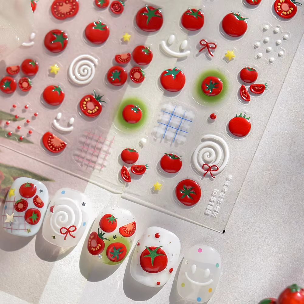Autocollant pour Nail Art, gelée rouge juteuse, tomate, mignon, nœud papillon, étoile à paillettes, 
