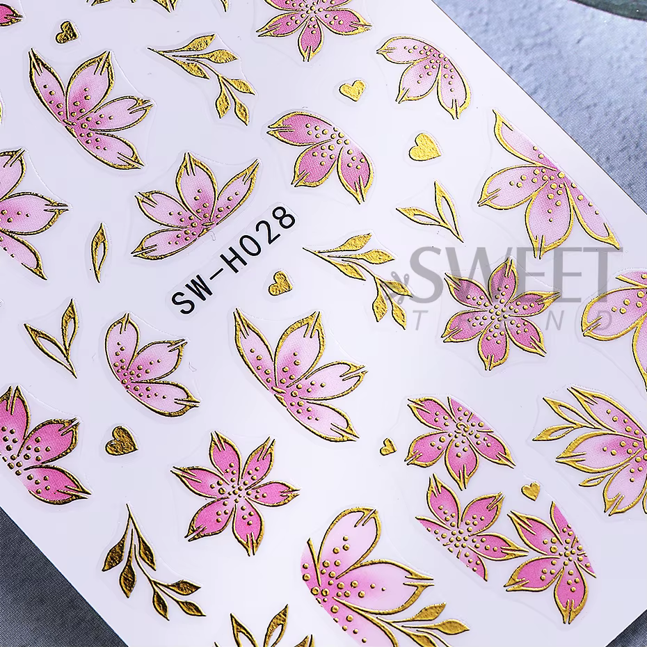 Autocollants pour ongles fleur d'hibiscus rose doré, 2/3 pièces, pétales de bordure bronzants 3D, cu