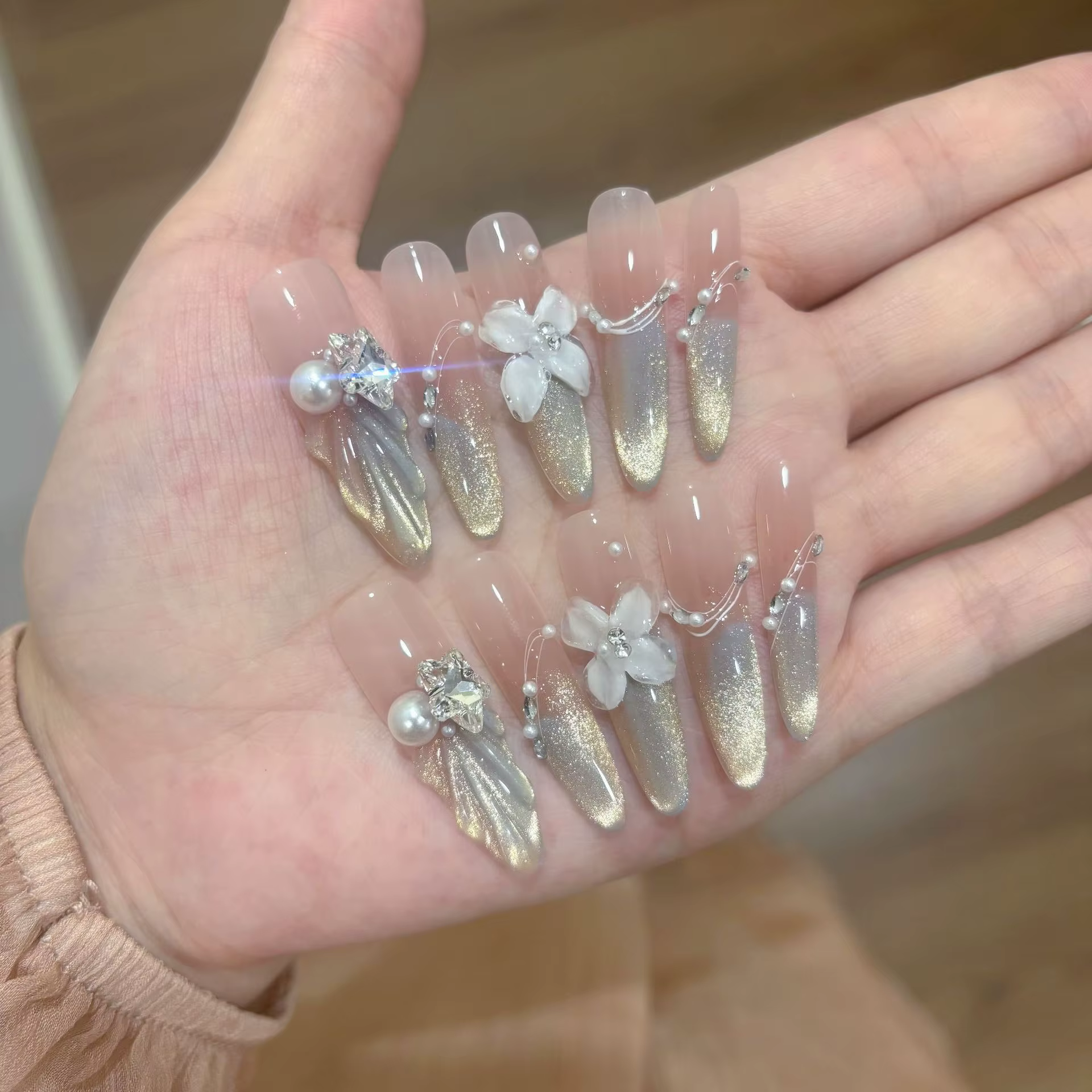 10 pièces rose oeil de chat faux ongles 3D papillon faux ongles diamant perle presse sur ongles dégr
