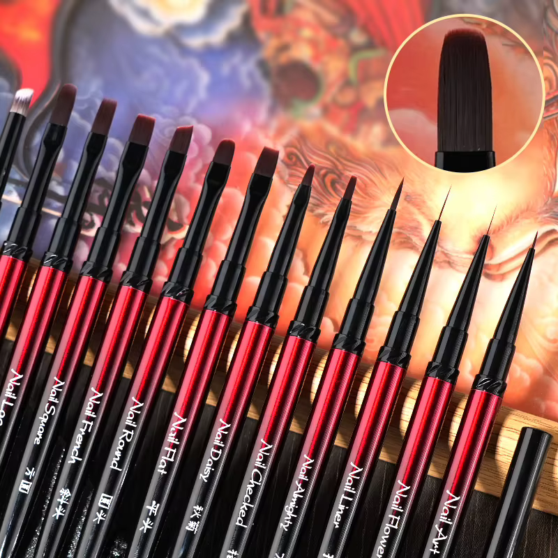 Nouveau 1/13 pièces ensemble de pinceaux pour Nail Art noir rouge poignée en métal acrylique UV Gel