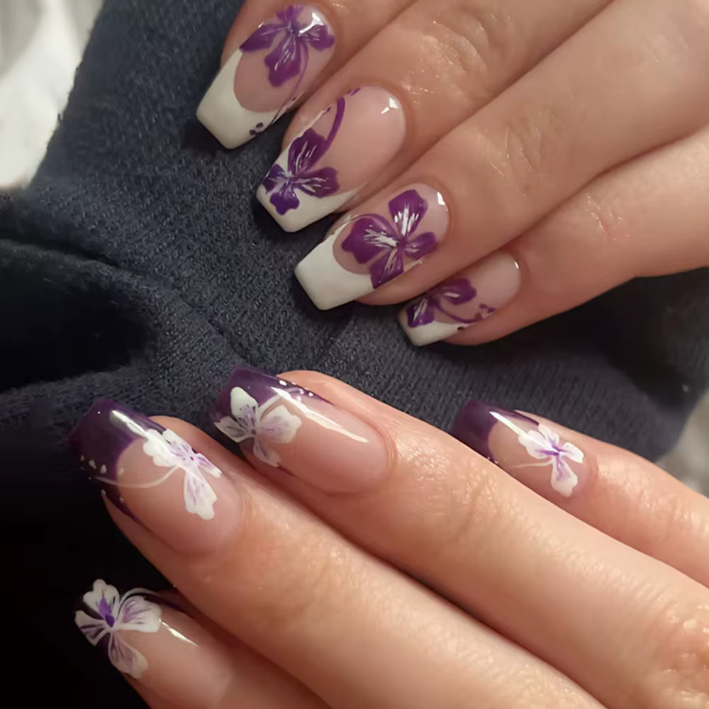 Faux ongles cercueil mi-longs, 24 pièces, pointe française blanche, ballerine à pression, imprimé fl