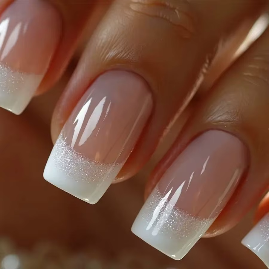24 pièces/ensemble Faux ongles carrés moyens pour femmes et filles, couleur nude beige avec paillett