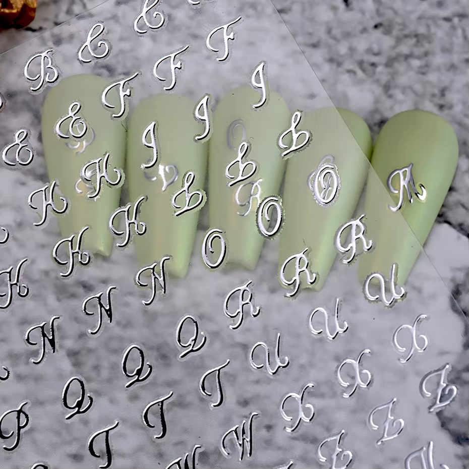 Autocollants pour ongles avec lettres romaines, 4 pièces, doré, argent, noir, blanc, Design Alphabet