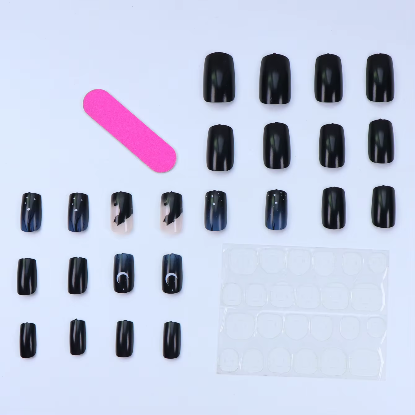 Colle pour faux ongles en acrylique, 24 pièces, courte, carrée, brillante, chat noir, pâte dégradée