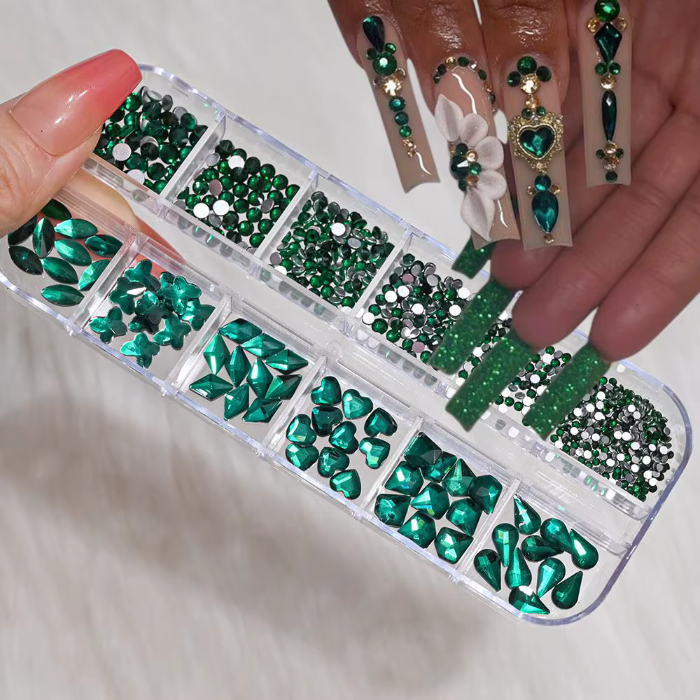 12 grilles 3D rouge Nail Art strass mixte coeur/papillon/rond/goutte verre diamants bricolage manucu