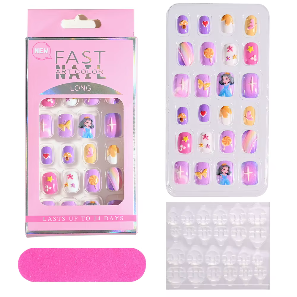 24 pièces/boîte Faux ongles pour enfants, motifs de dessins animés, couverture complète, à presser,
