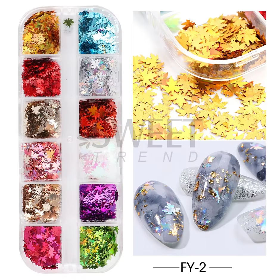 12 grilles miroir feuilles d'érable or Nail Art paillettes automne feuille Design bricolage charme b