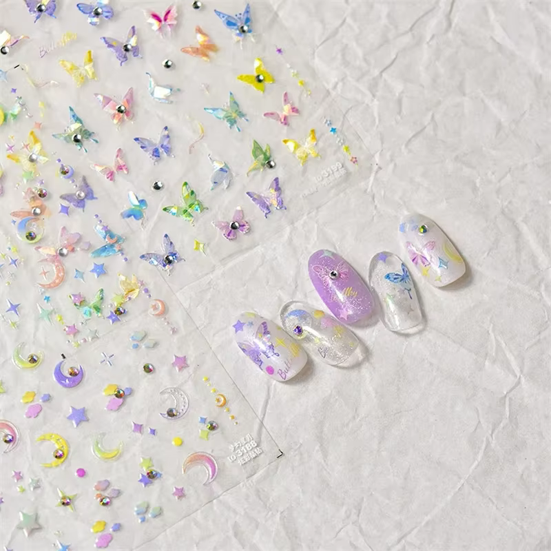 Coloré rose progressif lune étoile nuage papillon strass 5D doux en relief Relief Nail Art autocolla