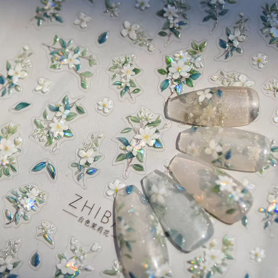 Autocollants pour ongles fleur de jasmin à paillettes 5D, 1 pièce, fleur en relief Kawaii, décoratio