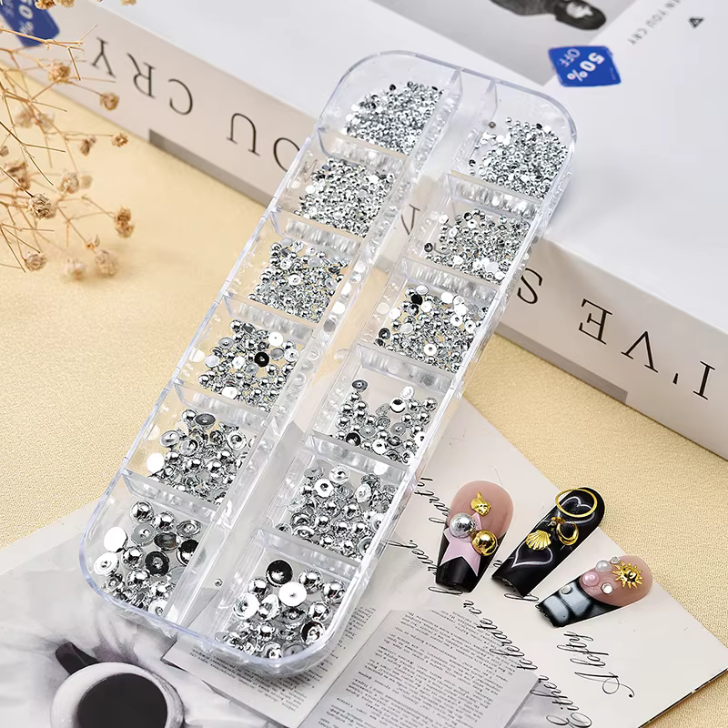 12 grille/boîte or argent demi-rond Caviar perle breloques pour ongles 1/2/3/5mm Flatback rond en ac
