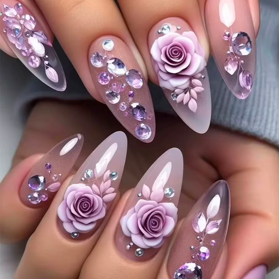 Fleur violette presse sur ongles 24 pièces amande/café portable faux ongles fleur imprimé femme bric