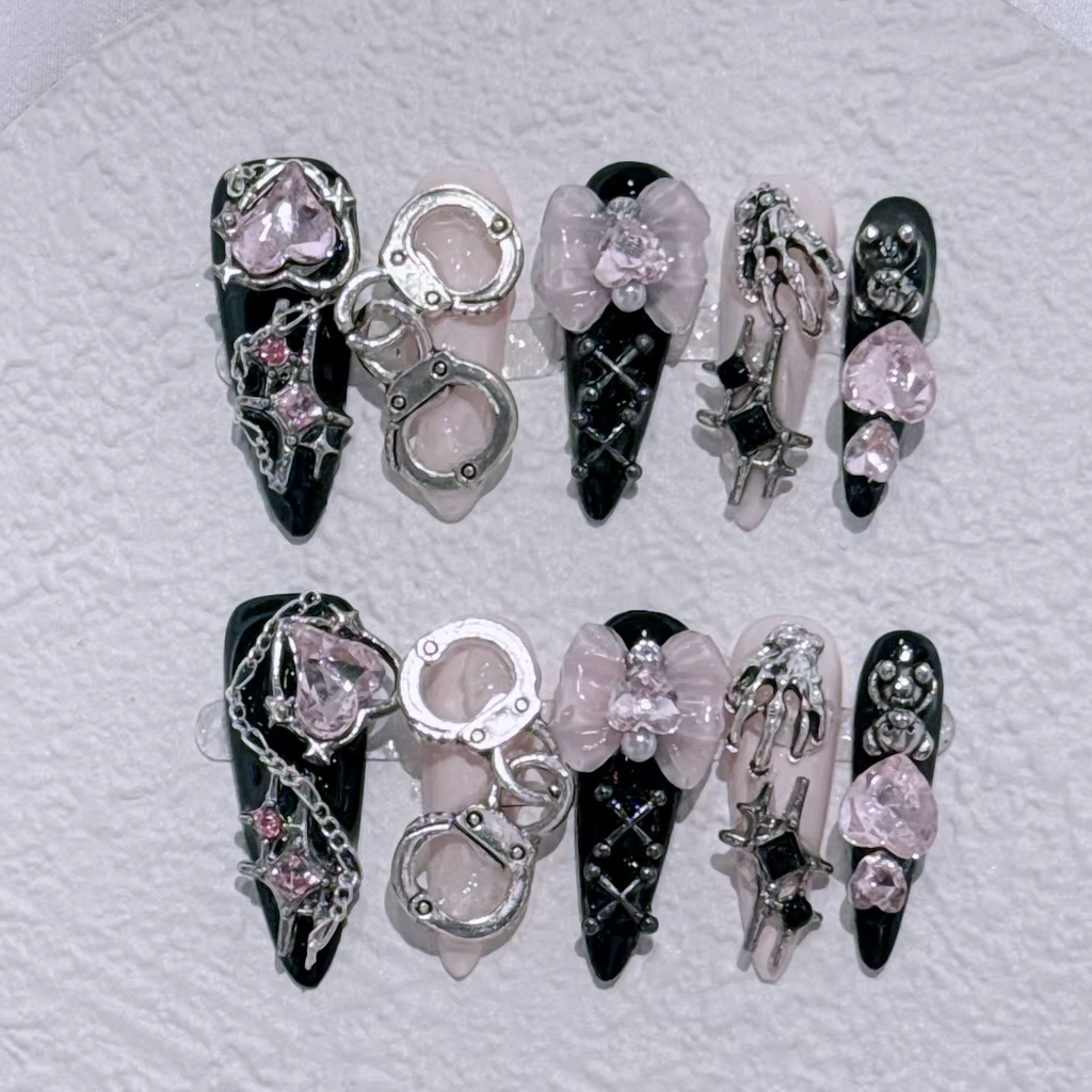 Shibuya Menhera Noir Rose Longue Pointe Faux Ongles Y2k Spice Girl Doux Cool Ongles Portables Faits