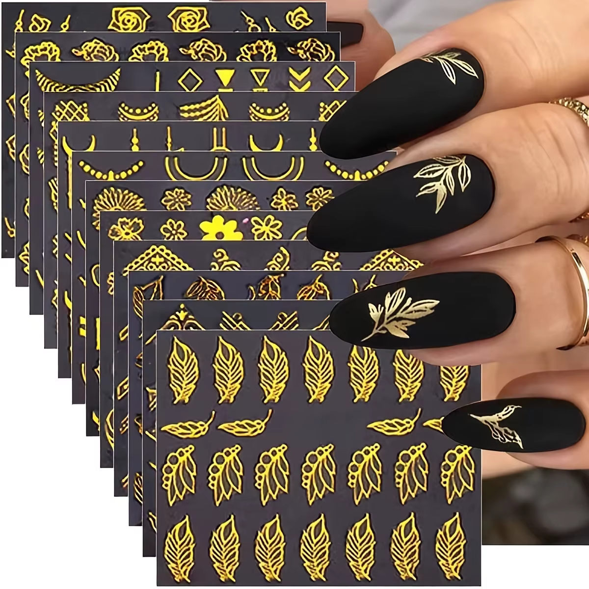 30 feuilles d'autocollants floraux dorés pour Nail Art, motifs de feuilles et de fleurs scintillante