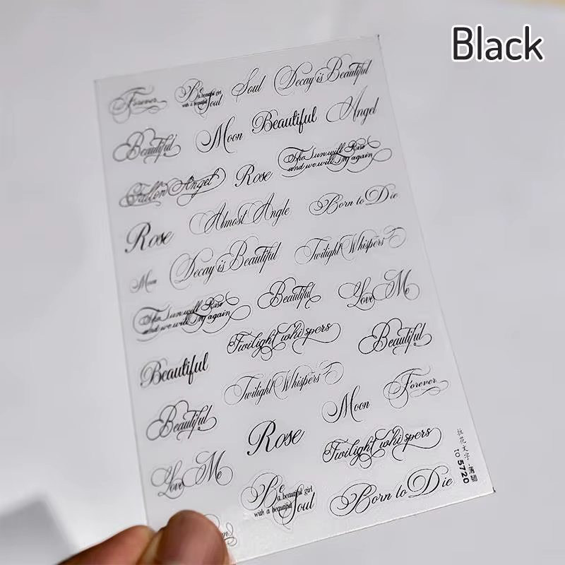 Autocollants pour ongles, lettres anglaises noires et blanches, autocollants décoratifs auto-adhésif