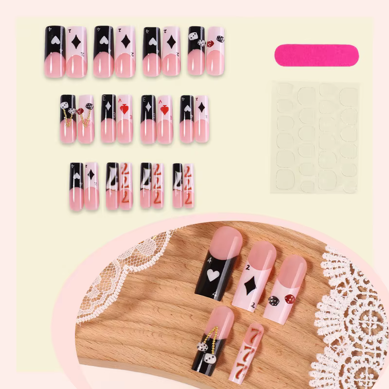 Faux ongles français en forme de cercueil, 24 pièces, éléments de Poker européens, Design imprimé, à