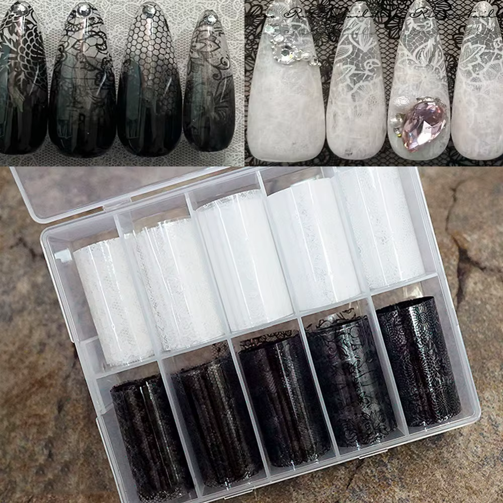 10 rouleaux 4x50CM noir blanc dentelle transfert autocollant pour ongles Sexy fleur dentelle Nail Ar