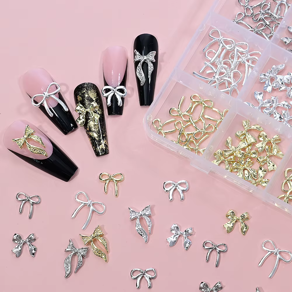 96/50 pièces 3D nœud papillon/ruban métal Nail Art breloques argent/or alliage arcs ongles strass dé