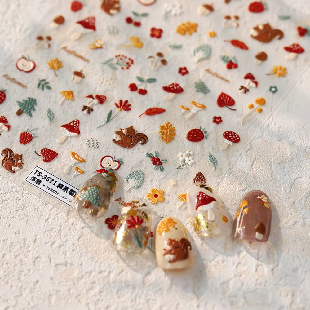 Autocollants pour ongles d'automne 5D, en relief, champignon, écureuil, feuilles, fraise, pomme de p