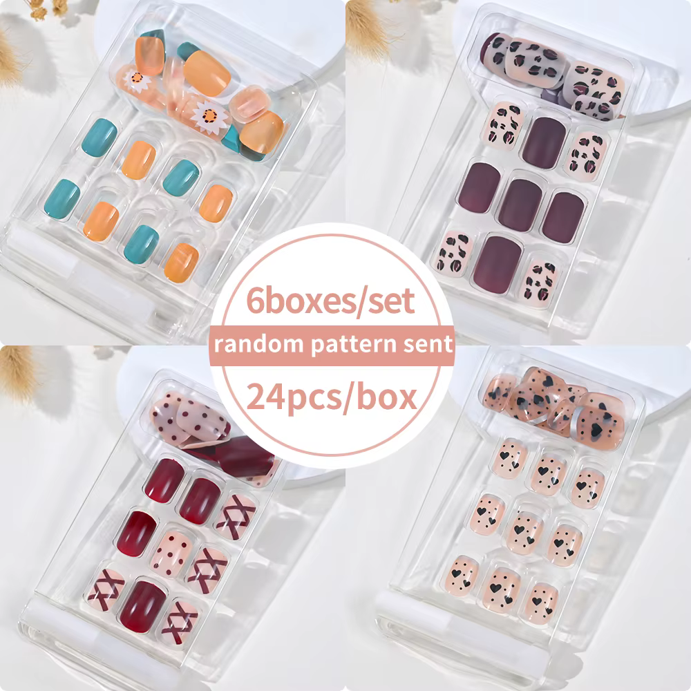 6 boîtes/ensemble court carré faux ongles amour design presse sur ongles Style mixte motif aléatoire