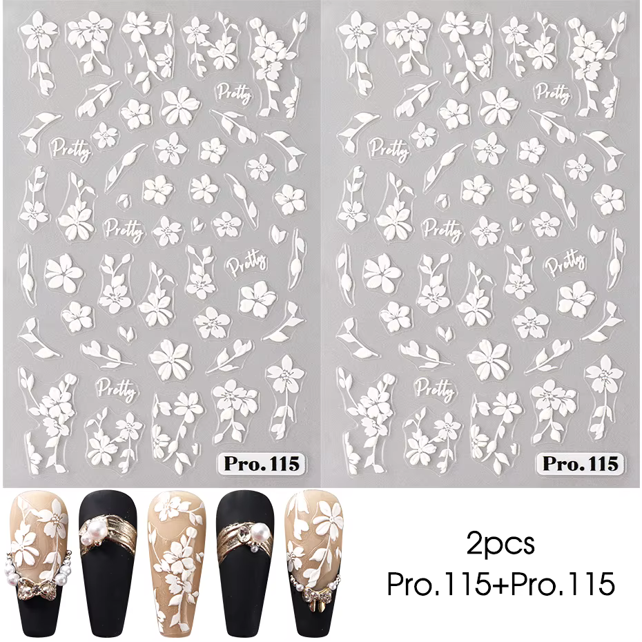 Autocollants 3D pour Nail Art, 2 pièces, fleurs blanches, feuilles de fleurs Sakura, décorations d'o