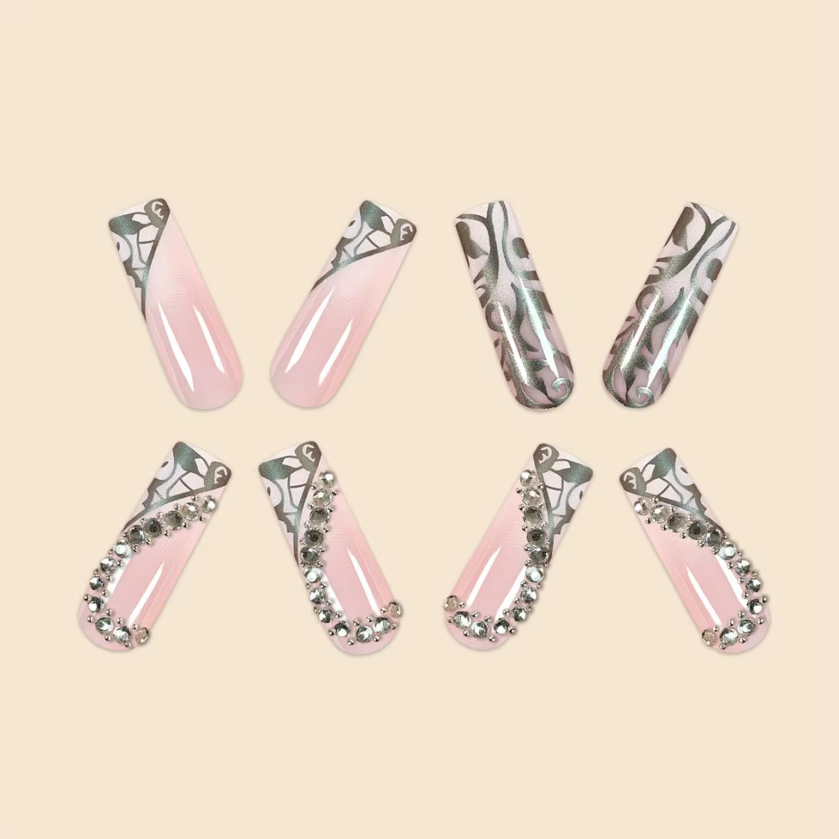 Faux ongles de luxe pour femmes, Super longs, carrés, français, argent, vigne, Patchwork, diamant, c