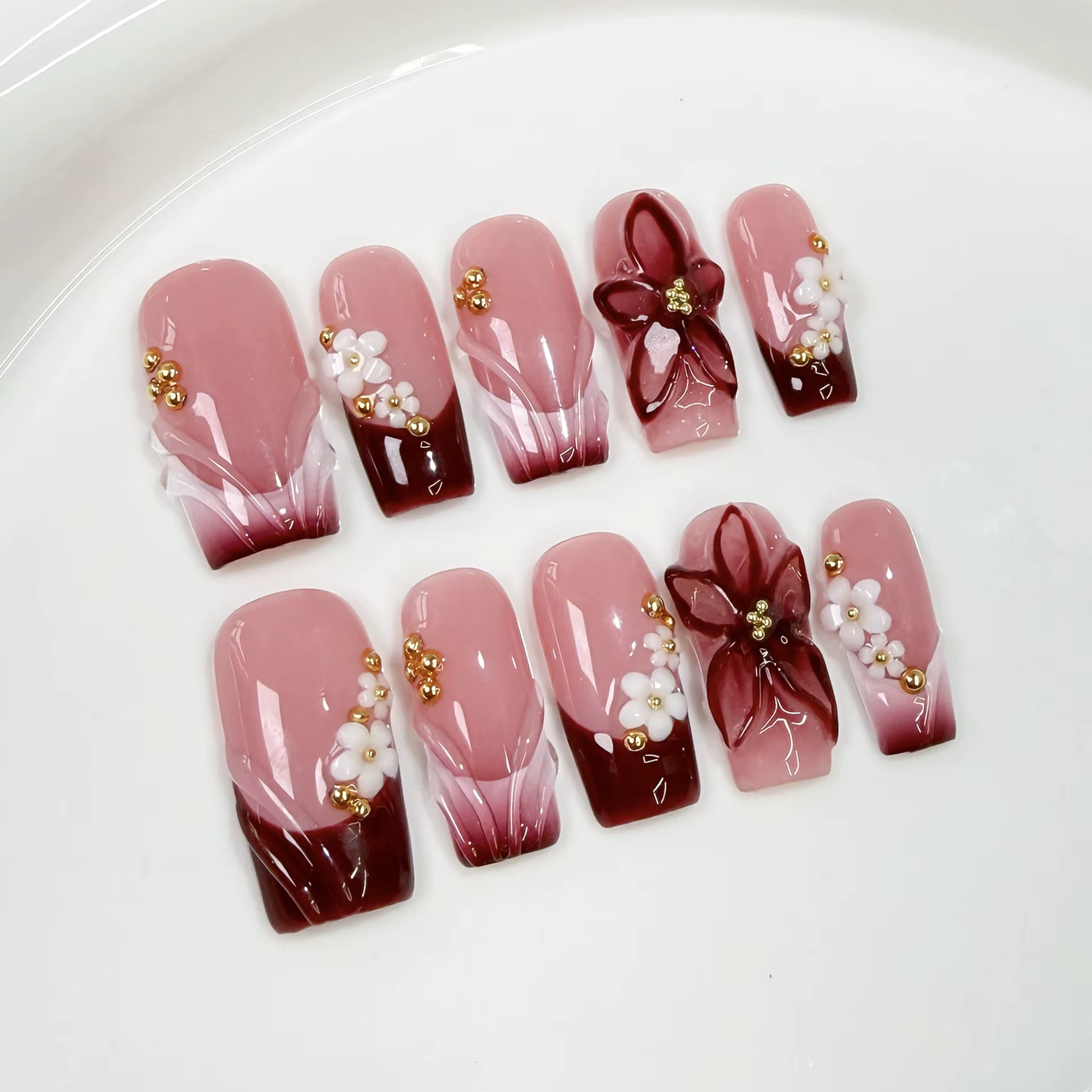 Faux ongles français en acrylique, motifs de fleurs roses douces, cercueil fait à la main, presse su
