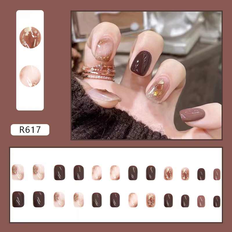 Faux ongles courts marron pour femme, presse autocollante bon marché, N64.avec design, colle, automn