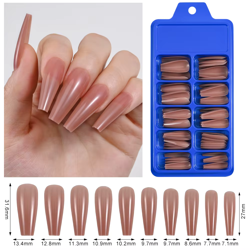 100 faux ongles cercueil à couverture complète, à presser, extensions d'ongles artificiels, nude, lo