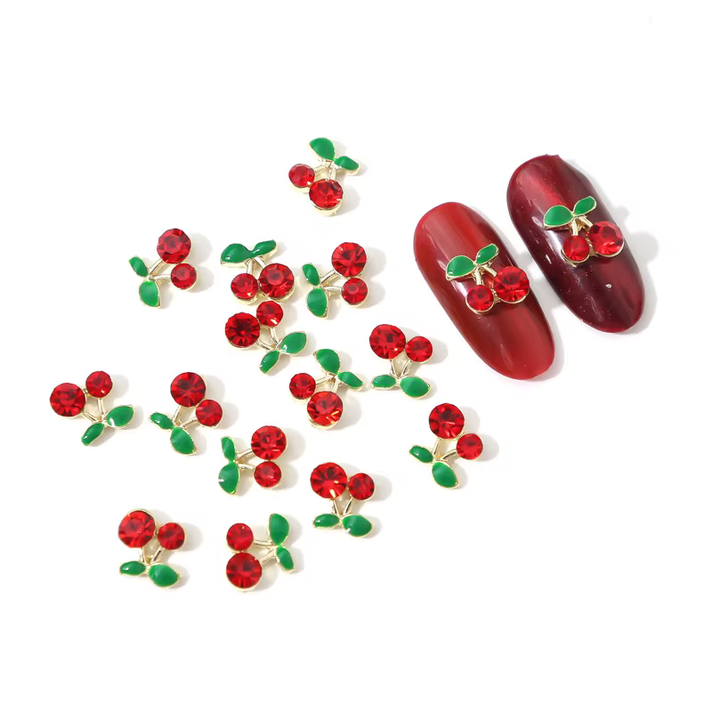Breloques pour ongles cerise 3D, 20 pièces/sac, rouge et rose, strass, gemmes pour ongles, paillette