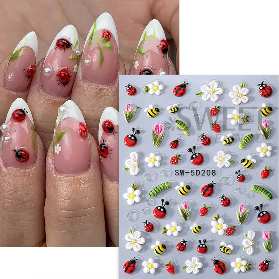 Autocollants pour ongles en relief, 1/2 pièces, motifs floraux printemps-été, abeille, coccinelle, i