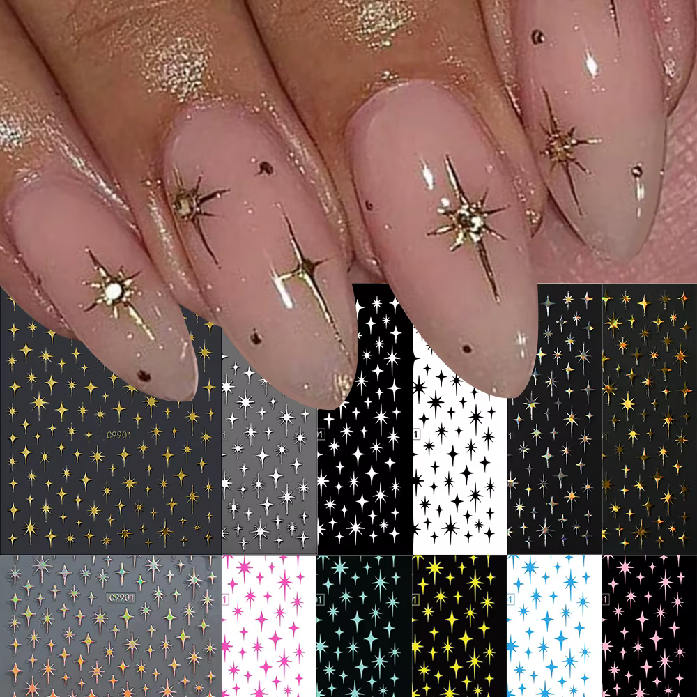 Autocollants pour ongles étoiles 3D or argent, 12 pièces, décalcomanies bronzantes Starlight pour Na