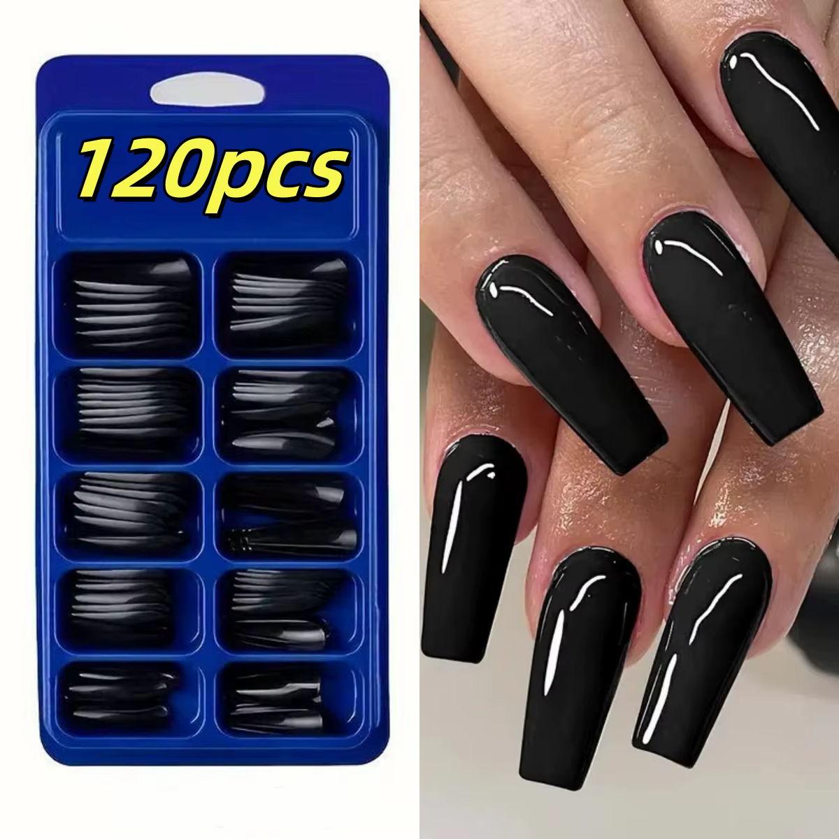 120 pièces cercueil Long noir ongles à pression couverture complète Ballet forme carrée faux ongles 