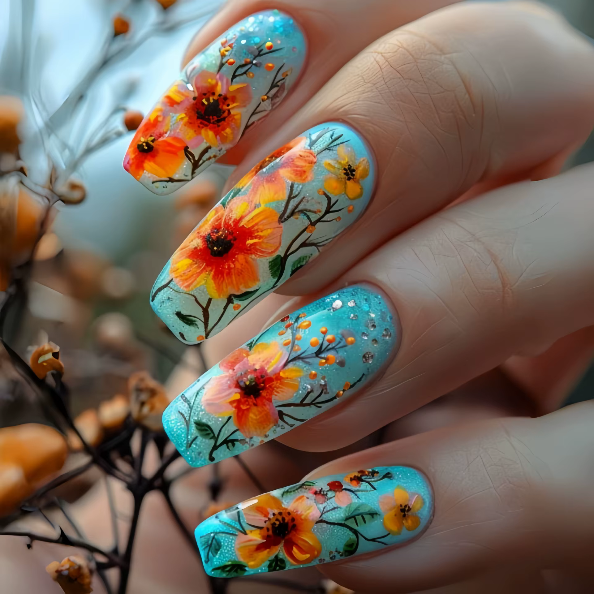 Faux ongles en acrylique, 24 pièces/ensemble, courts, moyens et longs, fleurs de printemps, pour la