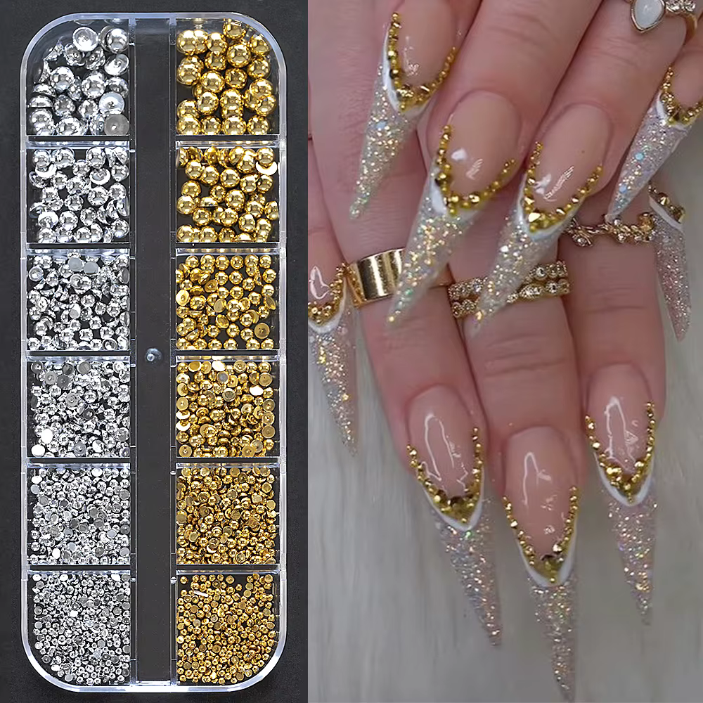 12 grilles or argent perles pour ongles 3D demi-rond perle ongles breloques métal ongles perles Cavi