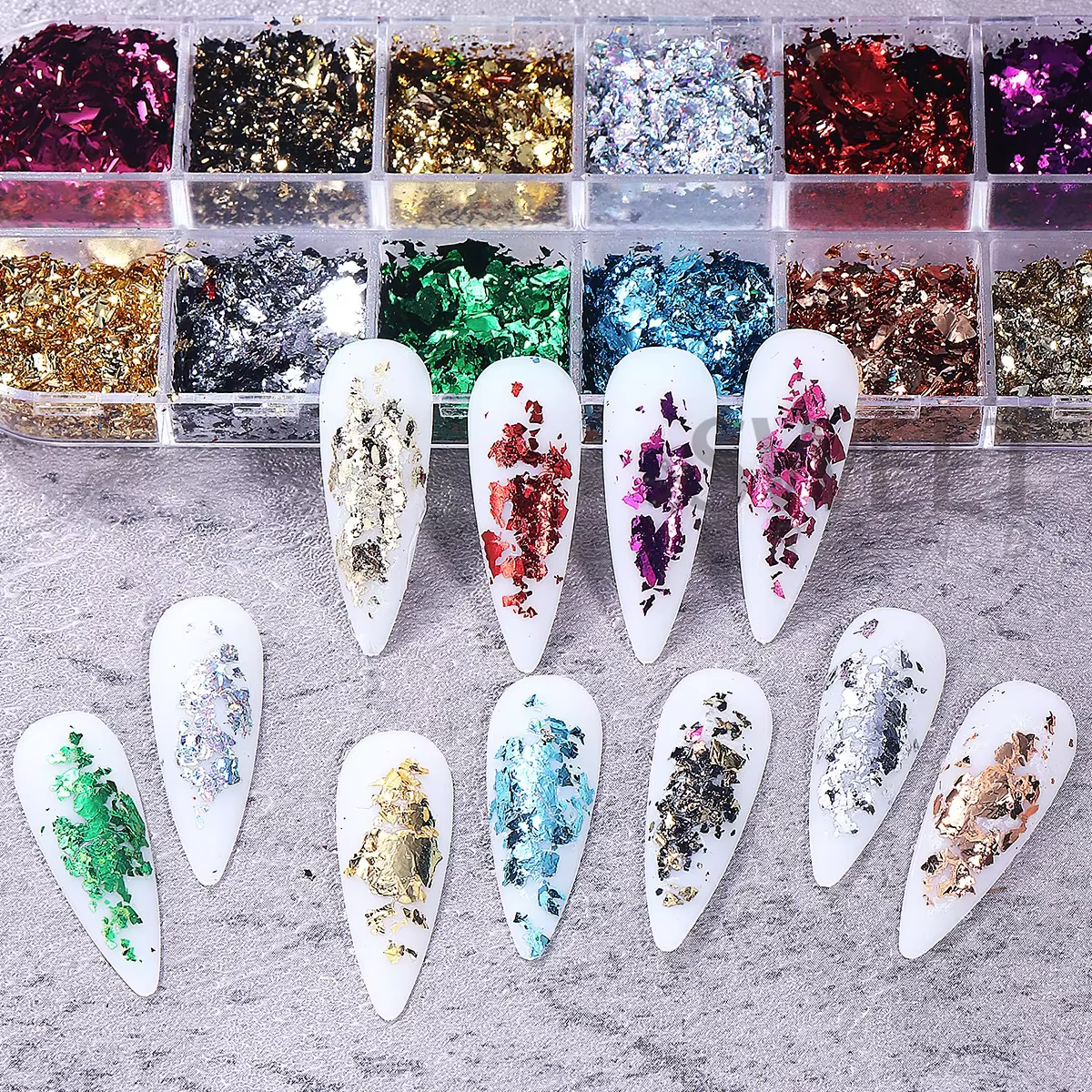 Feuilles d'or Double couleur 12 grilles, magnifiques paillettes pour ongles, scintillantes irréguliè