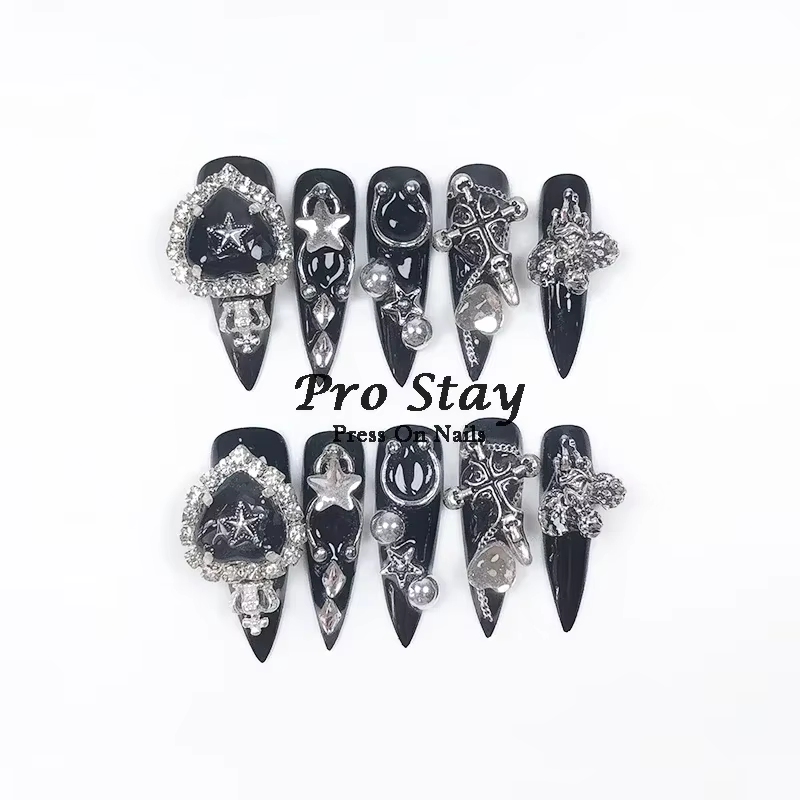Faux ongles artificiels noirs foncés Y2k, faits à la main, à pression, doux et frais, avec diamant,