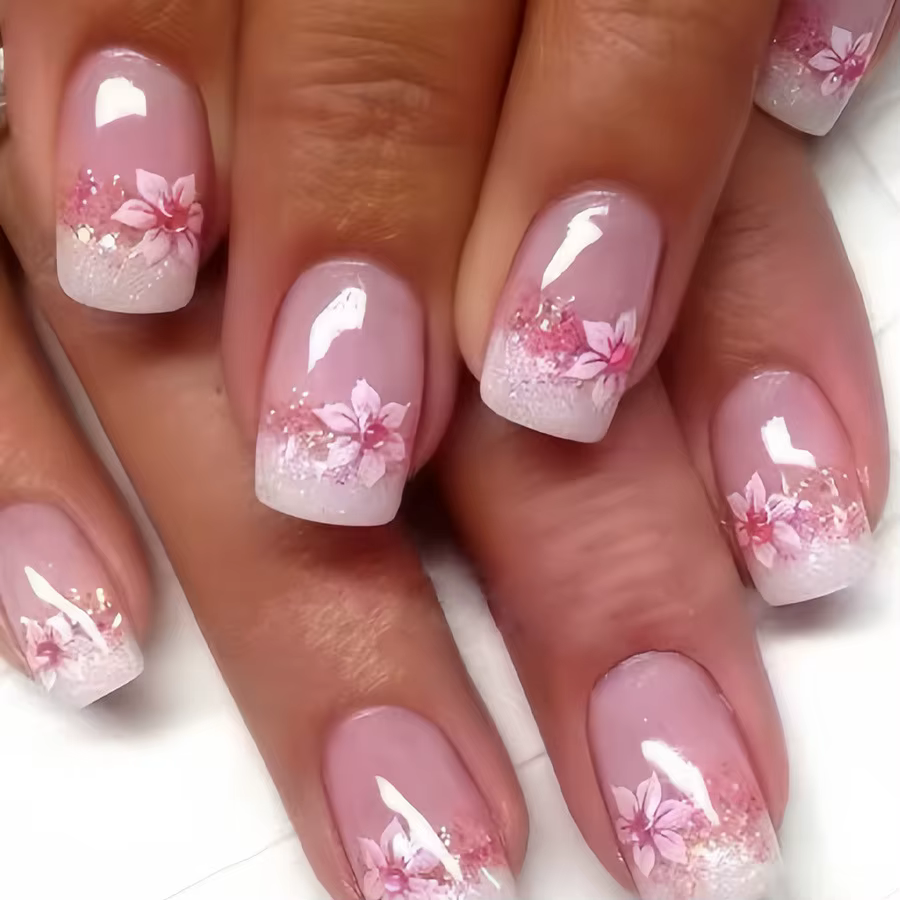Faux ongles mi-longs pour femmes et filles, couleurs rose nude avec fleurs et paillettes scintillant